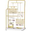 imageSONGMICS Jewelry Stand Jewelry Organizer Jewelry Display Holder with Metal Frame 2 Earring Boards 6 Hanging Rods Necklace Earring Bracelet Holder for Rings Metallic Gold UJJS024A01Metallic Gold