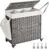 imageSONGMICS Laundry Hamper with Lid 423 Gallons 160 L Rolling Laundry Basket with Wheels 3Section Synthetic Rattan Removable Liner Bedroom 276 x 142 x 26 Inches Natural ULCB365N01Gray