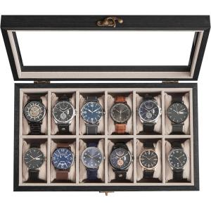 imageSONGMICS 12Slot Watch Box Watch Display Case with Large Glass Lid Removable Watch Pillows Velvet Lining Gift Idea Ebony Black UJOW120B01Ebony Black