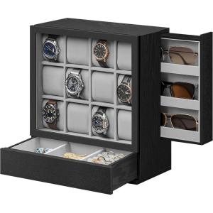 imageSONGMICS 12Slot Watch Box Watch Display Case with Window Solid Wood Veneer Velvet Lining Vertical Storage Space Saving Gift Idea Coffee Brown UJOW014K01Ebony Black