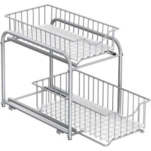 imageSONGMICS 2Tier Pull Out Cabinet Organizers Under Sink Organizer Bathroom Organizer and Storage Sliding Basket Drawers Stackable for Kitchen Bathroom Ink Black UKCS017B01Metallic Silver