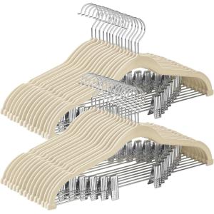 imageSONGMICS 30 Pack Pants Hangers 167 Inches Long Velvet Trousers Hangers with Adjustable Clips HeavyDuty NonSlip SpaceSaving for Pants Skirts Coats Dresses Tank Tops Black UCRF12B30Sandy Beige