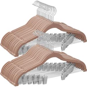 imageSONGMICS 30 Pack Pants Hangers 167 Inches Long Velvet Trousers Hangers with Adjustable Clips HeavyDuty NonSlip SpaceSaving for Pants Skirts Coats Dresses Tank Tops Black UCRF12B30Pale Brown