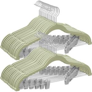 imageSONGMICS 30 Pack Pants Hangers 167 Inches Long Velvet Trousers Hangers with Adjustable Clips HeavyDuty NonSlip SpaceSaving for Pants Skirts Coats Dresses Tank Tops Black UCRF12B30Pale Green