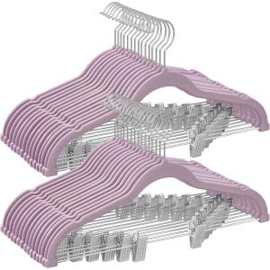 imageSONGMICS 30 Pack Pants Hangers 167 Inches Long Velvet Trousers Hangers with Adjustable Clips HeavyDuty NonSlip SpaceSaving for Pants Skirts Coats Dresses Tank Tops Black UCRF12B30Pale Purple