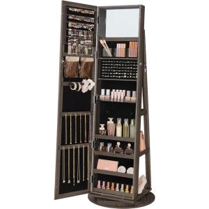 imageSONGMICS 360 Swivel Jewelry Cabinet Lockable Jewelry Organizer with FullLength Mirror Rear Storage Shelves Interior Mirror Jewelry Armoire Gift Idea Rustic Brown UJJC006X01Ash Brown