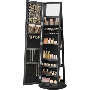 imageSONGMICS 360 Swivel Jewelry Cabinet Lockable Jewelry Organizer with FullLength Mirror Rear Storage Shelves Interior Mirror Jewelry Armoire Gift Idea Rustic Brown UJJC006X01Black