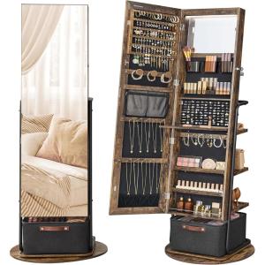imageSONGMICS 360 Swivel Mirrored Jewelry Cabinet with Lights FullLength Mirror with Jewelry Storage Standing Jewelry Armoire Organizer with Large Storage Basket Makeup Shelf Cloud White UJJC018W01Rustic Brown
