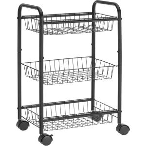 imageSONGMICS 3Tier Metal Rolling Cart on Wheels with Baskets Lockable Utility Trolley with Handles for Kitchen Bathroom Closet Storage with Removable Shelves Black UBSC03BKBlack