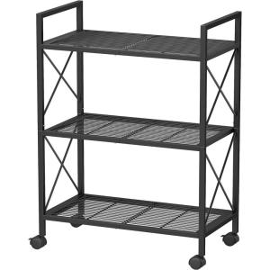 imageSONGMICS 3Tier Metal Storage Rack with Wheels Mesh Shelving Unit with X Side Frames 236Inch Width for Entryway Kitchen Living Room Bathroom Industrial Style Black UBSC163B01Black