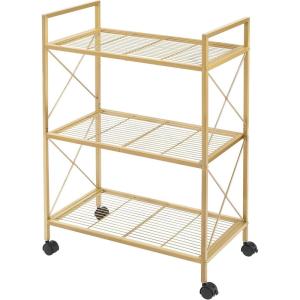 imageSONGMICS 3Tier Metal Storage Rack with Wheels Mesh Shelving Unit with X Side Frames 236Inch Width for Entryway Kitchen Living Room Bathroom Industrial Style Black UBSC163B01Metallic Gold