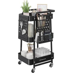 imageSONGMICS 3Tier Storage Cart Rolling Utility Cart Metal Mesh Shelves 2 Removable Pegboards 2 Hanging Holders 4 Hooks Craft Cart for Living Room Kitchen Office Bathroom Ink Black ULRC037B01Ink Black