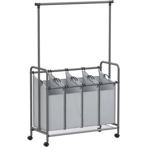 imageSONGMICS 4Section Laundry Sorter Rolling Laundry Hamper with Hanging Bar HeavyDuty Laundry Basket Lockable Wheels Hampers for Laundry 4 x 132 Gal Gray URLS44GS