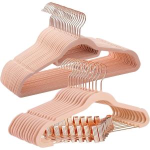 imageSONGMICS 50 Velvet Coat Hangers Bundle with 24 Pants Hangers Rose Gold Hooks SpaceSaving Closet Organizers for Pants Skirts Dresses Jackets Light Pink UCRF21PK50 and UCRF14PK24