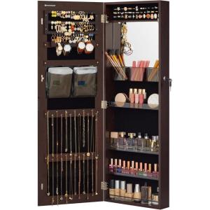 imageSONGMICS 55 Inches Tall Spacious Jewelry Cabinet Jewelry Armoire with LightUp Interior Mirror Wall or Door Mounted Jewelry Storage Organizer Lockable Gift Idea Cloud White UJJC032W01Brown