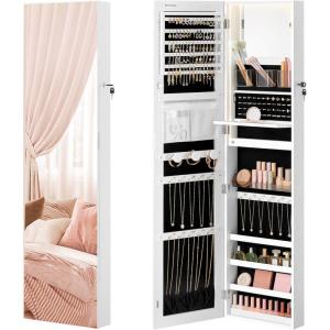 imageSONGMICS 55 Inches Tall Spacious Jewelry Cabinet Jewelry Armoire with LightUp Interior Mirror Wall or Door Mounted Jewelry Storage Organizer Lockable Gift Idea Cloud White UJJC032W01Cloud White