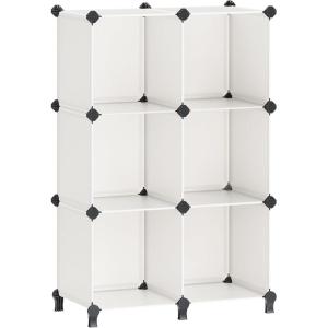 imageSONGMICS 6 Cube Storage Organizer DIY Closet Shelf Plastic Clothes Organizer Modular Bookcase 118 x 118 x 118 Inch Cubes with Feet and Rubber Mallet White ULPC06WCream White