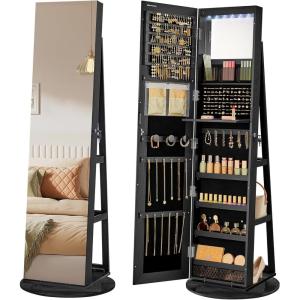 imageSONGMICS 6 LEDs Lockable Mirror Jewelry Cabinet 360 Swivel Jewelry Organizer Armoire Standing Frameless FullLength Mirror 3 Storage Shelves Rustic Brown Surface Black Lining UJJC007X01Black