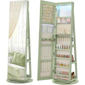 imageSONGMICS 6 LEDs Lockable Mirror Jewelry Cabinet 360 Swivel Jewelry Organizer Armoire Standing Frameless FullLength Mirror 3 Storage Shelves Rustic Brown Surface Black Lining UJJC007X01Laurel Green  Cream White