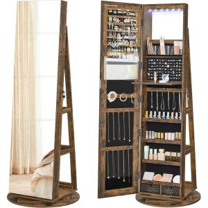imageSONGMICS 6 LEDs Lockable Mirror Jewelry Cabinet 360 Swivel Jewelry Organizer Armoire Standing Frameless FullLength Mirror 3 Storage Shelves Rustic Brown Surface Black Lining UJJC007X01Rustic Brown  Black