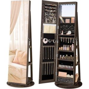 imageSONGMICS 6 LEDs Lockable Mirror Jewelry Cabinet 360 Swivel Jewelry Organizer Armoire Standing Frameless FullLength Mirror 3 Storage Shelves Rustic Brown Surface Black Lining UJJC007X01Ash Brown  Black Lining