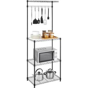 imageSONGMICS Bakers Rack Adjustable Microwave Stand Kitchen Storage Rack with 4 Shelves 6 Hooks for Pots Pans Spice Bottles in The Kitchen Apartment Studio Black ULGR040B01