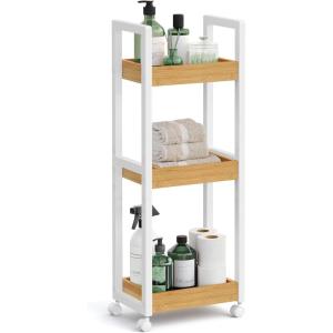 imageSONGMICS Bamboo Rolling Cart 3Tier Utility Cart on Wheels Slim Narrow Storage Shelf Bamboo Shelves SpaceSaving Multifunctional for Bathroom Kitchen White and Natural UBCB083N02White  Natural