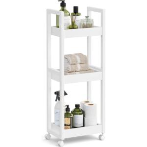imageSONGMICS Bamboo Rolling Cart 3Tier Utility Cart on Wheels Slim Narrow Storage Shelf Bamboo Shelves SpaceSaving Multifunctional for Bathroom Kitchen White and Natural UBCB083N02White