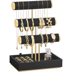 imageSONGMICS Bracelet Holder Stand Jewelry Display Stand Jewelry Organizer with 3 Tiers and Velvet Tray Removable Ring Holder Ink Black UJJS027B01Ink Black