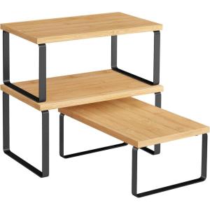 imageSONGMICS Cabinet Organizer Shelf Set of 3 Kitchen Counter Shelves Kitchen Storage Spice Rack Stackable Expandable Ink Black and Natural Beige UKCS014B01Ink Black  Natural Beige