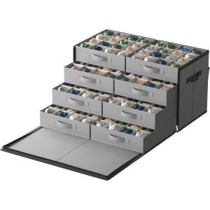 imageSONGMICS Christmas Ornament Storage Box with Side Open Stackable Christmas Storage Container with Lid 4 Drawer Trays 600D Oxford 3Inch 64 Slots Cherry Red URFB037R01Dove Gray