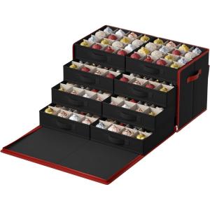 imageSONGMICS Christmas Ornament Storage Box with Side Open Stackable Christmas Storage Container with Lid 4 Drawer Trays 600D Oxford 3Inch 64 Slots Cherry Red URFB037R01Ink Black