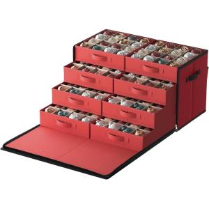 imageSONGMICS Christmas Ornament Storage Box with Side Open Stackable Christmas Storage Container with Lid 4 Drawer Trays 600D Oxford 3Inch 64 Slots Cherry Red URFB037R01Cherry Red