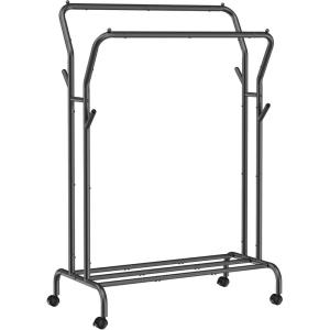 imageSONGMICS Clothes Rack DoubleRod Clothing Rack for Hanging Clothes with Wheels Garment Rack Metal Frame 220 lb Max Total Load 407 Inches Wide Clothes Storage and Display Black UHSR107B01Black