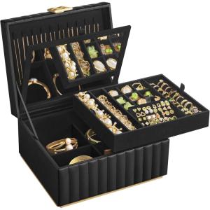 imageSONGMICS HOME 2Tier Jewelry Box with Mirror Jewelry Organizer Removable Tray PU Surface with Stitching Floating Effect 85 x 94 x 53 Inches Ink Black ANAH Collection UJBC182B01Ink Black