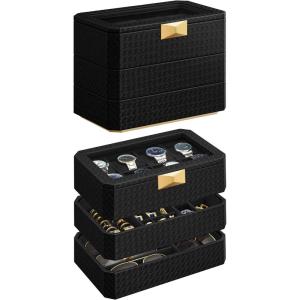 imageSONGMICS HOME RONNE Collection  3Tier Watch Box Stackable 8Slot Watch Case Woven Embossed PU Leather Floating Effect Gift Idea Ink Black Surface Ink Black Lining UJWB021B01Ink Black  Ink Black