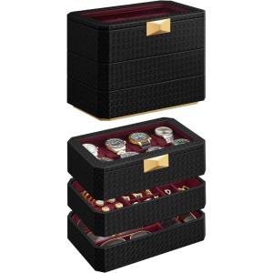 imageSONGMICS HOME RONNE Collection  3Tier Watch Box Stackable 8Slot Watch Case Woven Embossed PU Leather Floating Effect Gift Idea Ink Black Surface Ink Black Lining UJWB021B01Ink Black  Wine Red