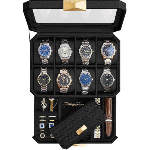 imageSONGMICS HOME RONNE Collection  8Slot Watch Case with Travel Watch Pouch Woven Embossed PU Leather Floating Effect Gift Idea Ink Black UJWB025B01