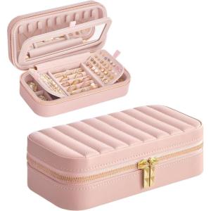 imageSONGMICS HOME Travel Jewelry Case Travel Jewelry Box Organizer with Mirror 41 x 8 x 24 Inches Stitching Portable Gift Idea Ink Black UJBC180B01Jelly Pink