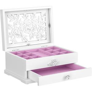 imageSONGMICS Jewelry Box 2Tier Jewelry Organizer with Flower Carvings Drawer Gift for Loved Ones Kids Jewelry Storage Case for Rings Earrings Necklaces Bracelets White UJOW201