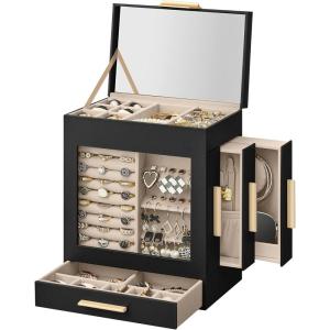 imageSONGMICS Jewelry Box with Glass Window 5Layer Jewelry Organizer with 3 Side Drawers Jewelry Storage with Big Mirror Modern 61 x 103 x 126 Inches Cloud White and Metallic Gold UJBC162W01Ink Black  Metallic Gold