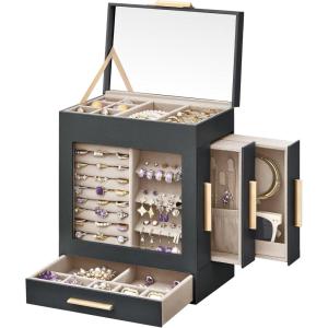 imageSONGMICS Jewelry Box with Glass Window 5Layer Jewelry Organizer with 3 Side Drawers Jewelry Storage with Big Mirror Modern 61 x 103 x 126 Inches Cloud White and Metallic Gold UJBC162W01Slate Gray  Metallic Gold