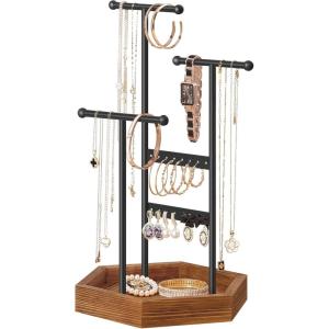 imageSONGMICS Jewelry Holder Jewelry Organizer 3 Tiers and 1 Tray Jewelry Display Stand with Metal Frame Necklace Earring Bracelet Holder for Rings Ink Black and Caramel Brown UJJS03CBInk Black  Caramel Brown