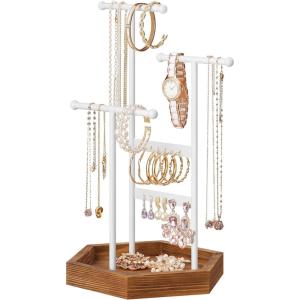 imageSONGMICS Jewelry Holder Jewelry Organizer 3 Tiers and 1 Tray Jewelry Display Stand with Metal Frame Necklace Earring Bracelet Holder for Rings Ink Black and Caramel Brown UJJS03CBMatte White  Caramel Brown