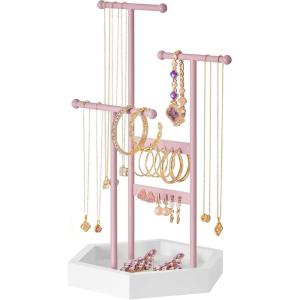 imageSONGMICS Jewelry Holder Jewelry Organizer 3 Tiers and 1 Tray Jewelry Display Stand with Metal Frame Necklace Earring Bracelet Holder for Rings Ink Black and Caramel Brown UJJS03CBJelly Pink  Cloud White