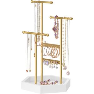imageSONGMICS Jewelry Holder Jewelry Organizer 3 Tiers and 1 Tray Jewelry Display Stand with Metal Frame Necklace Earring Bracelet Holder for Rings Ink Black and Caramel Brown UJJS03CBPale Gold  White