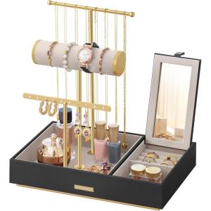 imageSONGMICS Jewelry Holder Jewelry Organizer Jewelry Display Stand Metal Earring Organizer with Mirror with Necklace Earring Bracelet Holder for Rings Gift Idea Black and Gold UJJS022B01V1Black  Gold