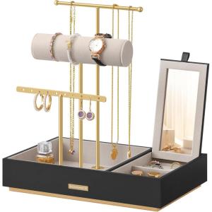 imageSONGMICS Jewelry Holder Jewelry Organizer Jewelry Display Stand Metal Earring Organizer with Mirror with Necklace Earring Bracelet Holder for Rings Gift Idea Black and Gold UJJS022B01Black  Gold