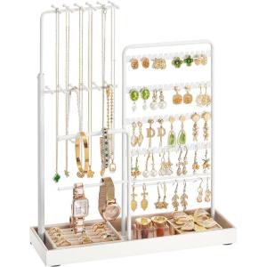 imageSONGMICS Jewelry Holder Jewelry Storage Organizer Stand with Metal Frame Velvet Tray 121 to 187 Inches Tall Height Adjustable Necklace Holder for Rings Earrings Pale Gold UJJS026A01Matte White