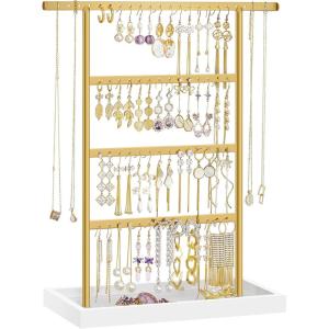 imageSONGMICS Jewelry Organizer 4Tier Earring Holder Organizer Stand with Base Tray for Studs and Necklaces Vintage Wood Color and White UJJS019W01White  Gold